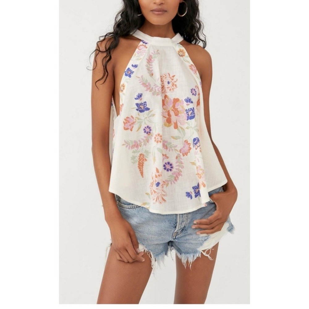 Free People Emily Printed Tank Top Shirt Sleeveless Cotton Boho Tie Back Small